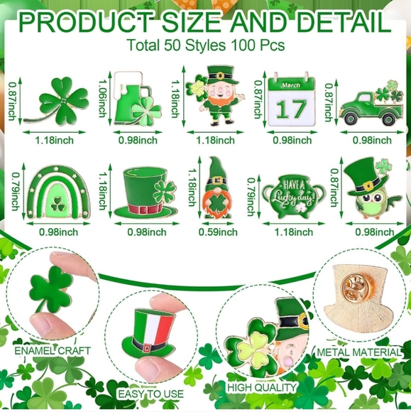 100 Pcs St. Patrick's Day Enamel Pins Bulk for Women Girls Shamrock Lapel Pins B - Picture 2 of 3